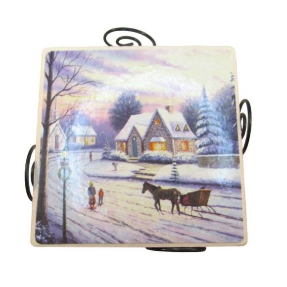 Winter Scene Ceramic Coasters with Wire Holder Set of 4 - Picture 7 of 7